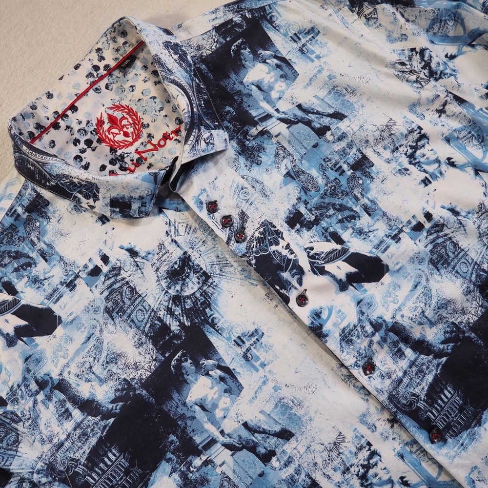 Au Noir Sz 7 (3XL) Men's Blue & White Printed Dress Shirt 100% Mercericed Cotton